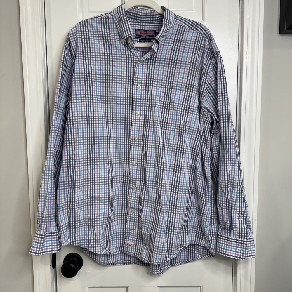 Vineyard Vines Murray Shirt XL Blue Pink Plaid Button Down 100% Cotton Mens